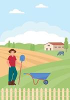 Young happy Farmer with work tools on farmland. Farm, fields and hills landscape. Agricultural work businesses or harvesting. Flat or cartoon bannerl vector illustration.