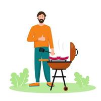 hombre y parilla parrilla con salchichas en jardín o en parque. primavera o verano picnic concepto, bandera o antecedentes vector ilustración.