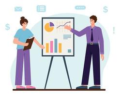 Business man and woman next to flipchart with graph and chart. People present marketing data on presentation screen. Analysis and planning seminar, startup concept. Vector illustration.