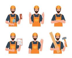 Portrait of Builder or Construction Worker isolated on white background. Industry engineer employee character avatars in different poses in uniform with work tools. Flat cartoon vector illustration.