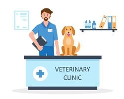 Veterinarian doctor with dog in vet clinic. Medicine and vet care concept. Vector illustration.