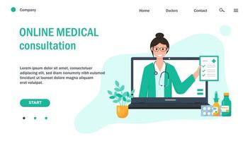 Online medical consultation concept. Web page template with female doctor on computer screen and medication. Online medicine and healthcare application banner for website. Vector illustration.