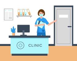 Young woman receptionist in medical mask sitting at the clinic reception desk. Hospital holl interior in flat style. Medicine concept. Vector illustration.
