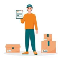 Delivery courier man with order and cardboard boxes. Devivery service concept flat vector illustration.