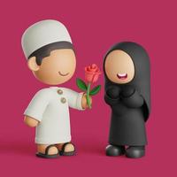 Cute 3D Muslim Man Character Giving a Bouquet of Flowers to His Beloved Woman. photo
