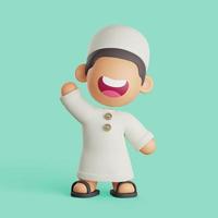 A 3D character of a Muslim wearing a traditional cap and robe joyfully waving his hand. photo