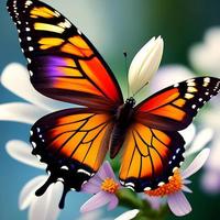yellow and  orange color butterfly with white flower and purple flower photo