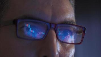 Close-up stock market monitoring. Graphs are reflected in the glasses of the man who follows the stock market from his computer. video