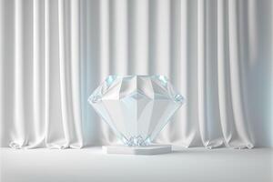Photo podium glass diamond with glossy curtain luxury white background,3d product display