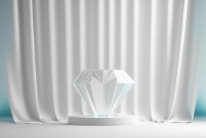 Photo podium glass diamond with glossy curtain luxury white background,3d product display