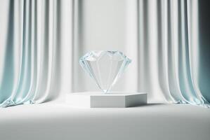 Photo podium glass diamond with glossy curtain luxury white background,3d product display