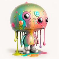 Futuristic chrome robot dripping paint colorful on white background photo