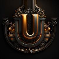 Logo for the letter U with a modern classic style ,3d alphabet on black background photo