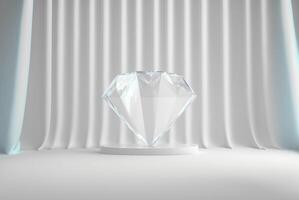 Photo podium glass diamond with glossy curtain luxury white background,3d product display