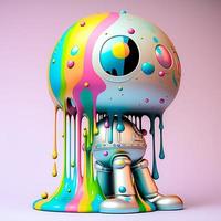 Futuristic chrome robot dripping paint colorful on white background photo