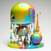 Futuristic chrome robot dripping paint colorful on white background photo