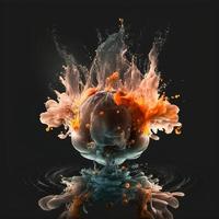 Ink dropped in water, translucent, colorful exploding fireball on black background photo