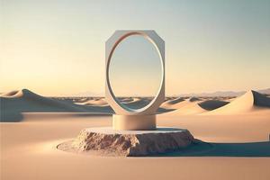 3D podium display product stone pedestal with a mirror placed in the desert photo