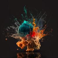 Ink dropped in water, translucent, colorful exploding fireball on black background photo
