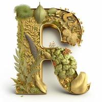 Letter R made of 3d golden decorated with plants photo