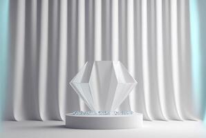 Photo podium glass diamond with glossy curtain luxury white background,3d product display