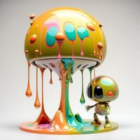 Futuristic chrome robot dripping paint colorful on white background photo