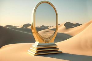 3D podium display product stone pedestal with a mirror placed in the desert photo