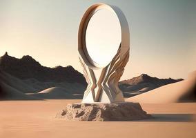 3d podio monitor producto Roca pedestal con un espejo metido en el Desierto foto