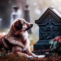 un fiel perro para cerca el tumba de su propietario foto