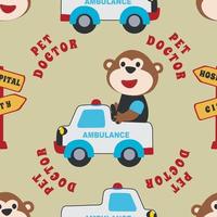 Vector seamless pattern with cute animals inside. monkey doctor driving emergency car. Creative vector childish background for fabric, textile, nursery wallpaper, poster brochure. Vector illustration.