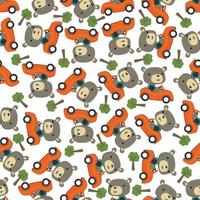 Seamless pattern of funny animal driving car in the road. Creative vector childish background for fabric, textile, nursery wallpaper, poster, card, brochure. and other decoration.