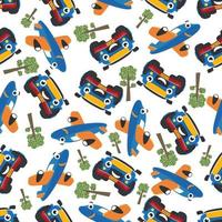 Seamless pattern vector of cute little off road car. Creative vector childish background for fabric textile, nursery background, baby clothes, poster, wrapping paper and other decoration.