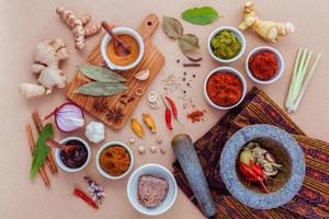 Assortment of  Thai food Cooking ingredients spice taste ,healthy and delicious foods. photo