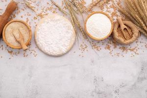 The ingredients for homemade pizza dough with wheat ears ,wheat flour and wheat grains set up on white concrete background. photo