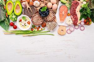 Ketogenic low carbs diet concept. Ingredients for healthy foods selection set up on white wooden background. photo