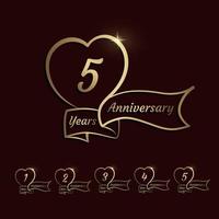 set vector, anniversary greetings 1 to 5, heart gold line vector