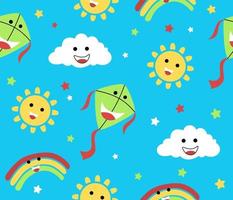 vector seamless pattern of smiling sky objects cartoon with funny kite