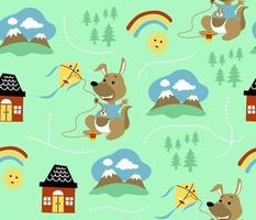 vector seamless pattern of cartoon kangaroo playing kite. Mountain with home nad sky objects