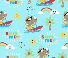 vector seamless pattern of rhino in windsurfing with summer beach holiday elements