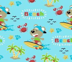 vector seamless pattern of cartoon bear in surfing with beach elements