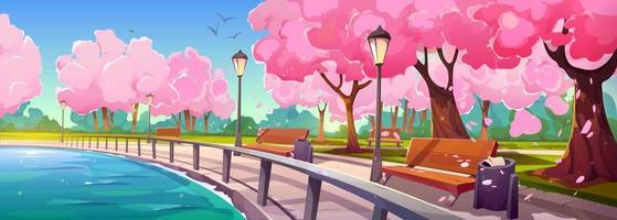 Riverside park with sakura trees along promenade vector