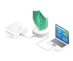 Isometric flat 3d illustration concept of wifi router security analyzer vector