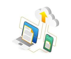 Isometric flat 3d illustration concept of storing data in cloud server vector