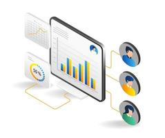 Team computer data analysis isometric flat 3d illustration concept vector