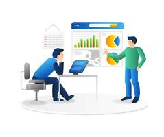 Isometric flat 3d illustration concept of team having discussion about business development analysis vector