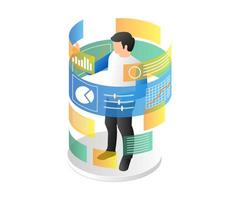 Isometric flat 3d illustration concept of man surrounded by data analyst screen vector