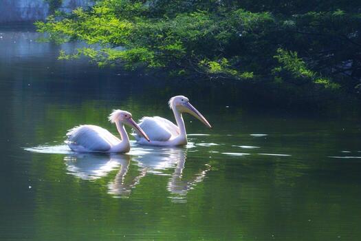 de cerca ver de un par de blanco pelícano nadando en un lago en un verano día foto