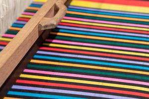 The yarn prepared inside the weaving machine is preparation for weaving local fabrics because local fabrics are handmade and have a high price because it takes quite a long time to weave. photo