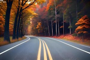 ai generado bosque la carretera y otoño caídas foto