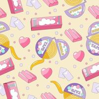 Seamless pattern with bubble gum, rolls, box and heart on a beige background. Trendy 90s style vector illustration.